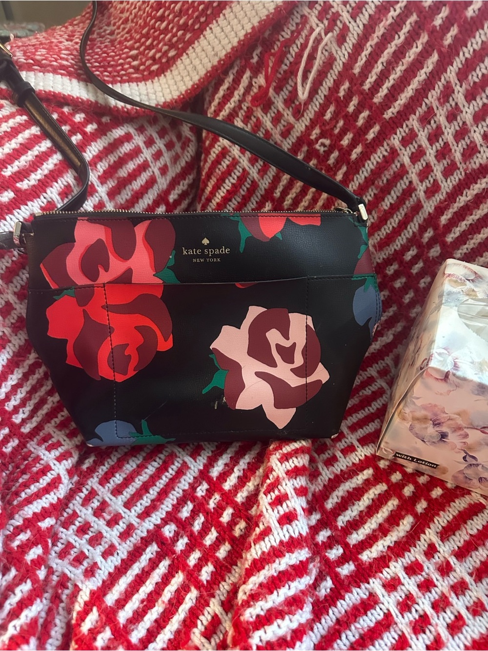 kate spade Black Shoulder Bag with Red and Pink Floral Print